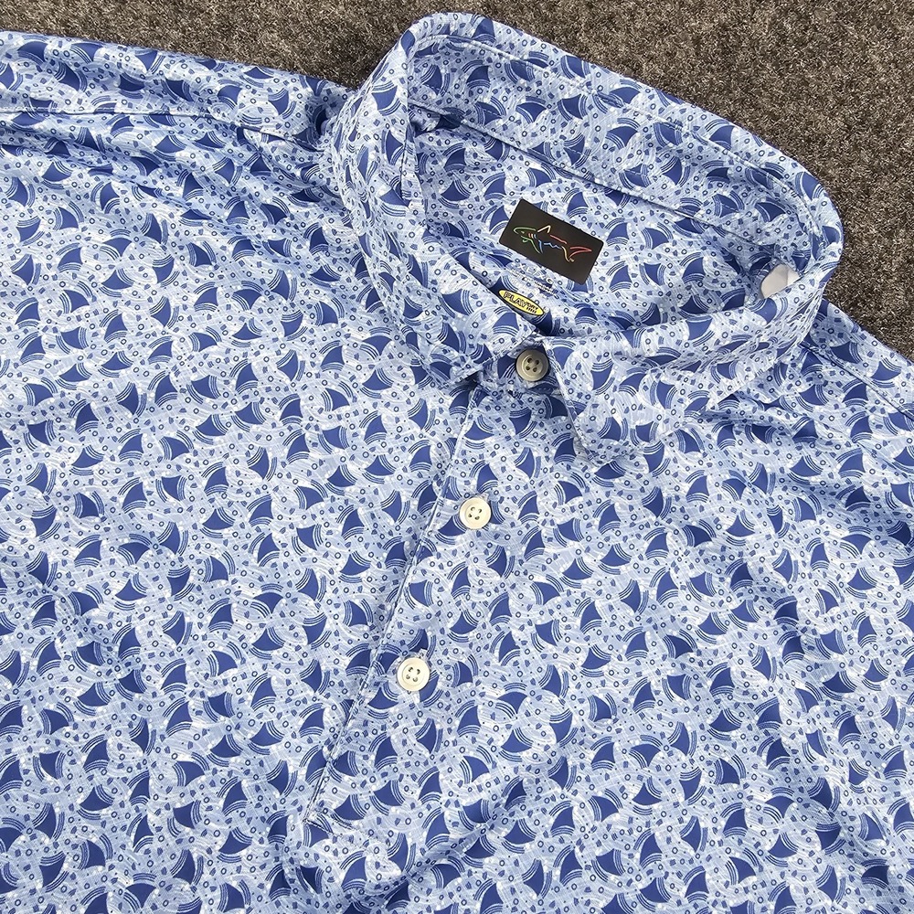 Greg Norman Play Dry Polo Shirt Mens XL Blue Shark Fin Print Golf Performance